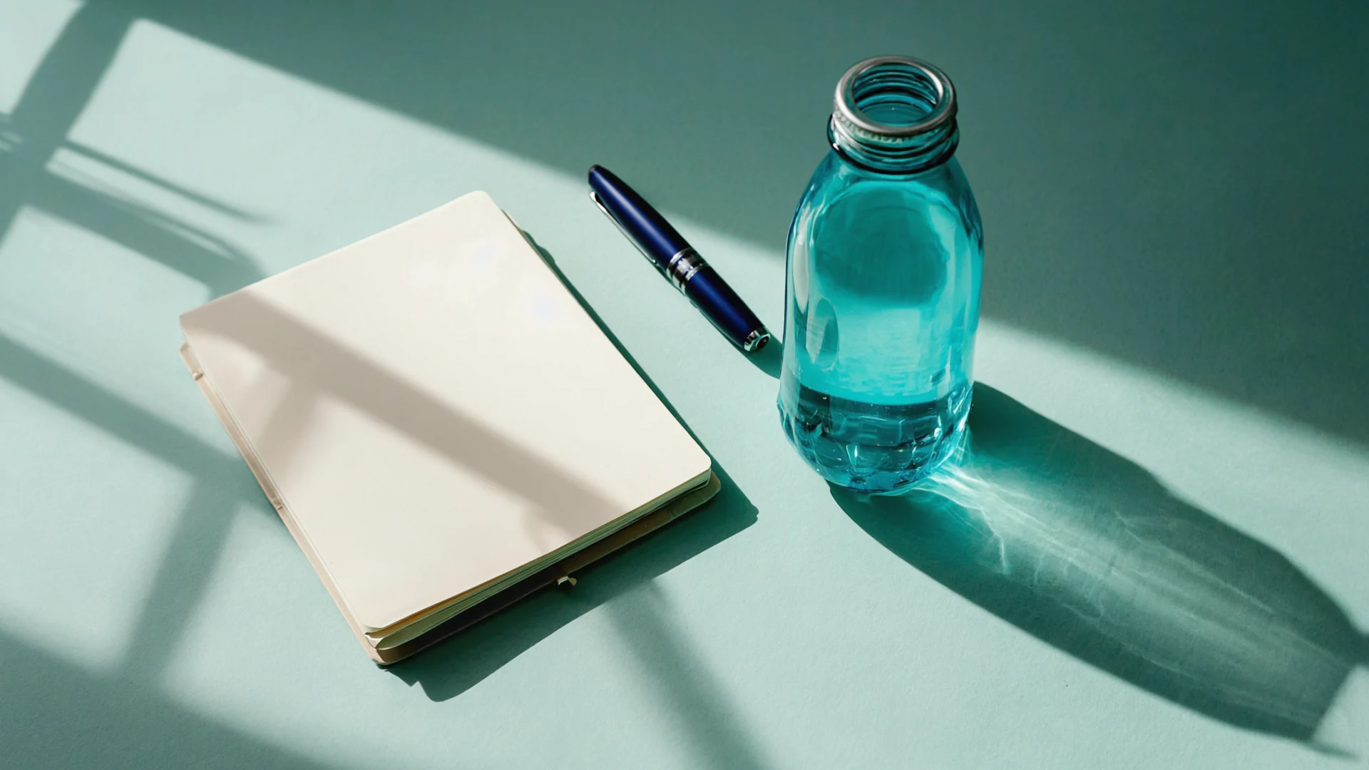 Libreta, botella turquesa y bolígrafo sobre una superficie menta.