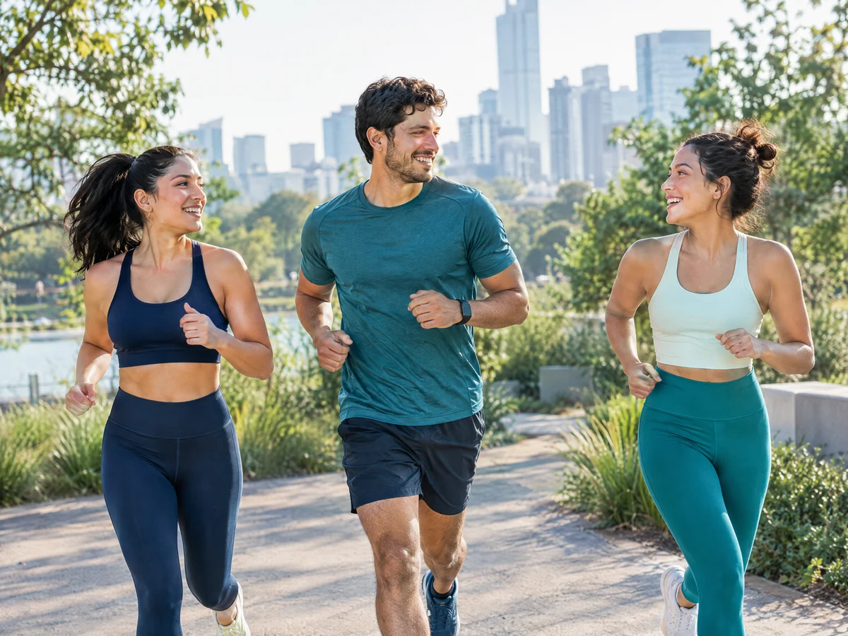 Tres jóvenes corren juntos en un parque y disfrutan de hacer ejercicio en compañía.