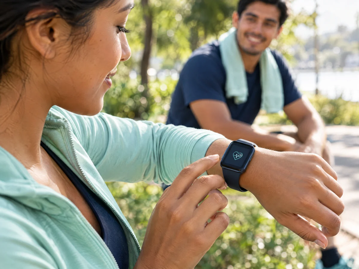 Una persona consulta la señal de frecuencia cardíaca en su reloj inteligente después de hacer ejercicio.