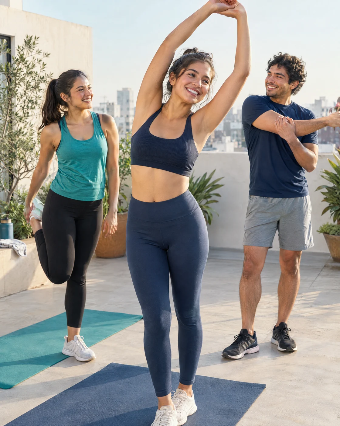 Jóvenes comparten una sesión de yoga y estiramiento al aire libre, con luz de la mañana.